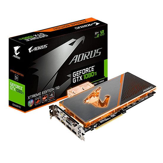 Gigabyte AORUS GeForce GTX 1080 Ti Waterforce WB GeForce GTX 1080 Ti, 1607 MHz (1632 MHz OC Mode), PCI-Express 16x, 11 Go, 11 232 MHz (11 448 MHz OC
