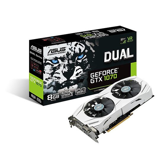 Asus GeForce GTX 1070 Dual – 8 Go GeForce GTX 1070, 1506 MHz (1531 MHz mode OC), PCI-Express 16x, 8 Go, 8008 MHz