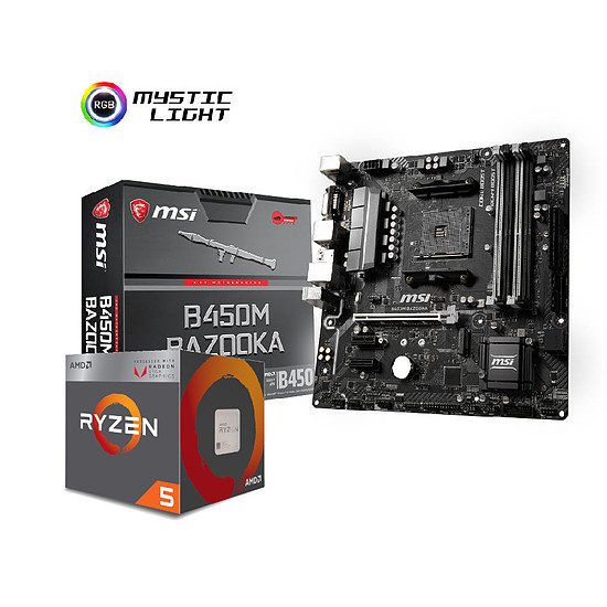 AMD Ryzen 5 2400G (3,6 GHz) + MSI B450M BAZOOKA 4 coeurs, 3,60 GHz, 6 Mo, AMD Ryzen, 65 Watts