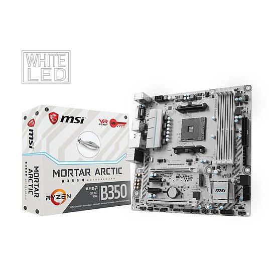 MSI B350M MORTAR ARCTIC Jeu, Socket AM4, AMD B350, 2 ports PCI-Express 16x, 3200 MHz (DDR4), SATA Revision 3.0 (6 Gb/s), 1
