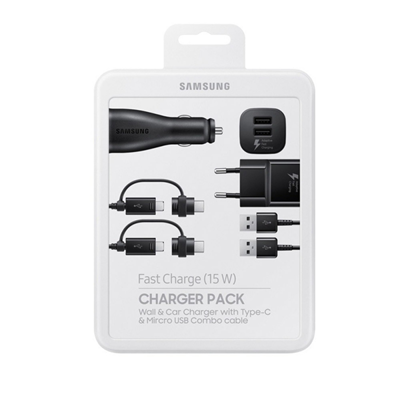 Pack De Charge Complet, Adaptateur Secteur/Voiture, Câble Micro USB/USB-C – Noir (Emballage Originale) Samsung EP-U3100WBEGWW
