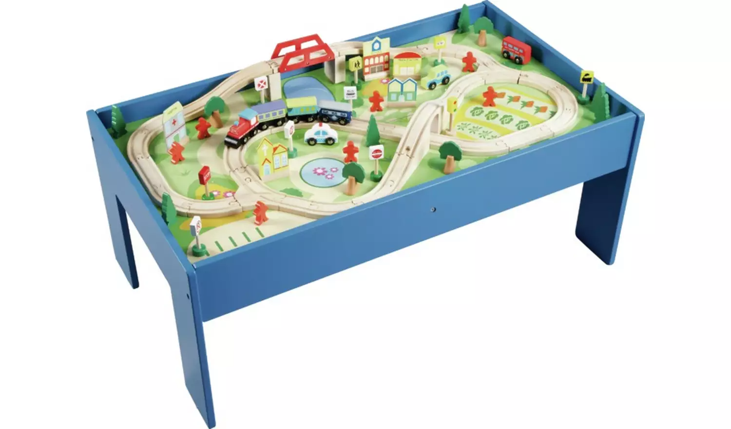 Chad Valley Wooden Table and 90 Piece Train Set