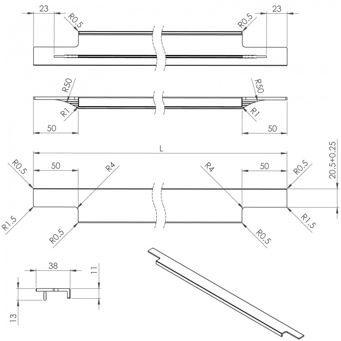 Garniture contemporaine : Poignée Slim à rainurer sur le chant de la façade – Finition inox – Profondeur 36 mm – Hauteur 13 mm – Long. 145 mm