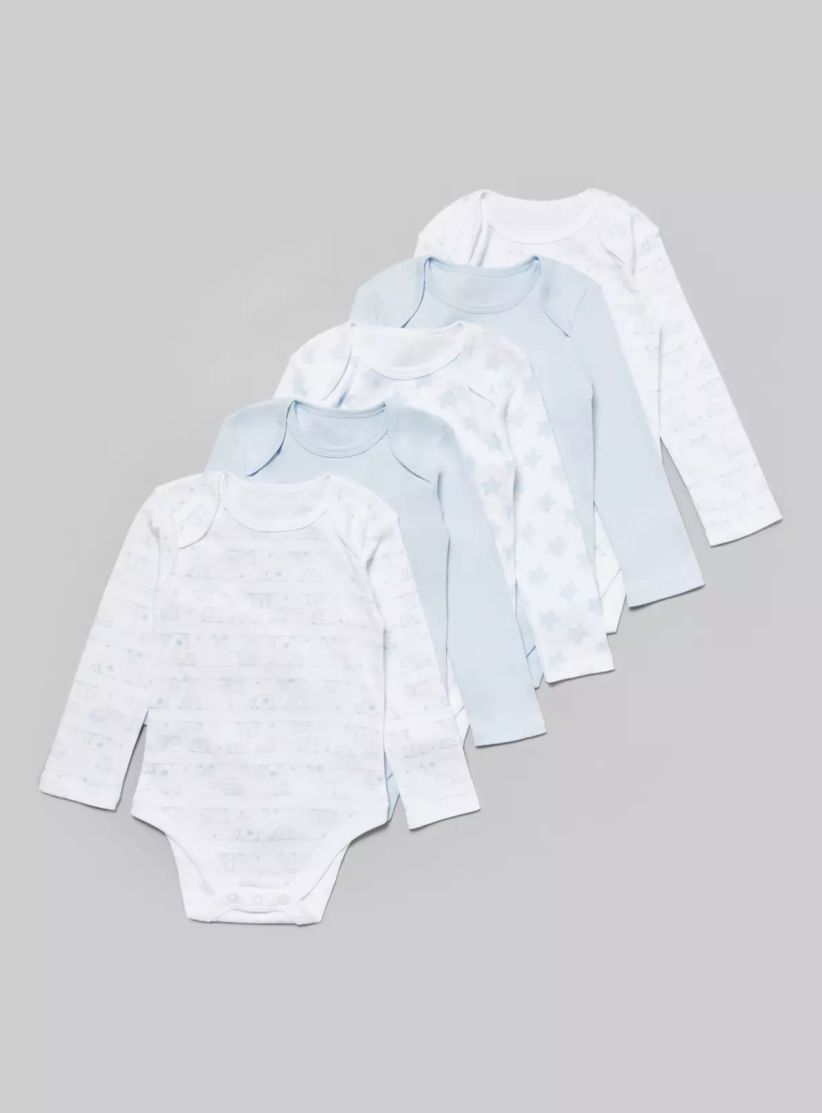Blue Printed Long Sleeve Bodysuits 5 Pack – 9-12 months