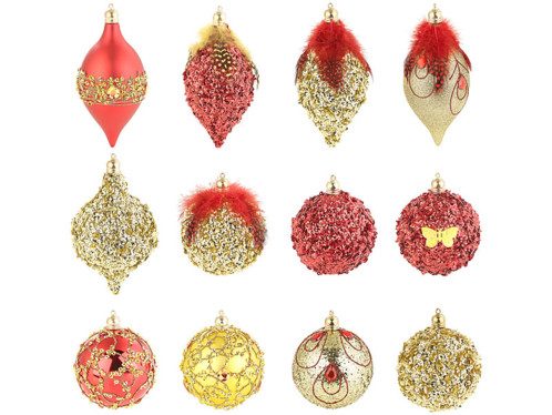 12 boules de Noël rouge et or à plumes et paillettes Infactory