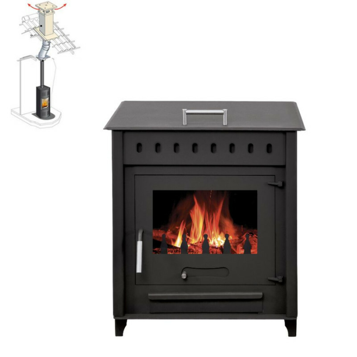 Pack Poêle à bois avec four LEO bûches 45cm + Kit Conduit 150 – Noir