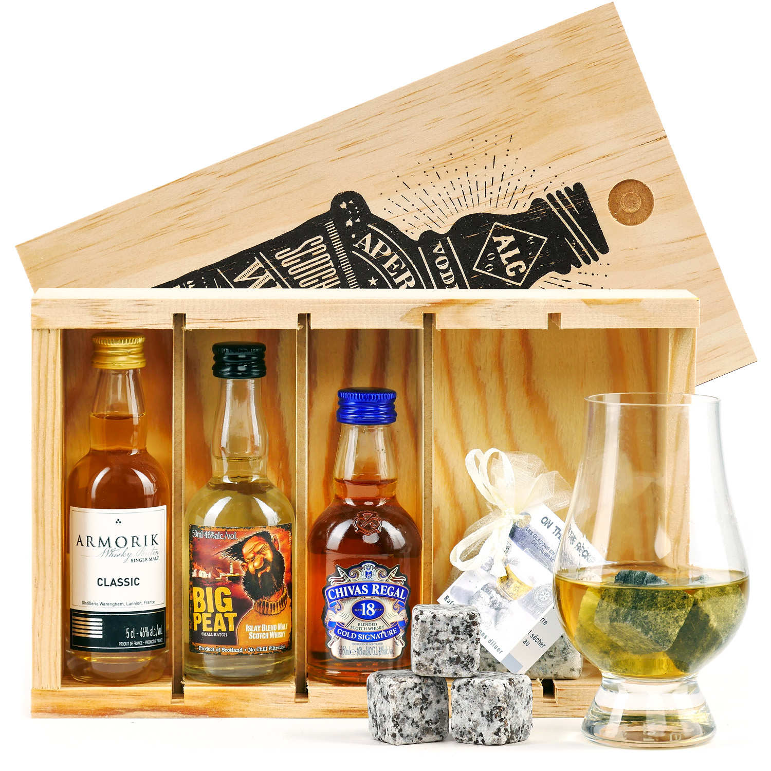 Coffret cadeau whisky – 3 Mignonnettes + 3 pierres à whisky