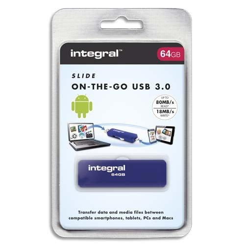 INTEGRAL CLÉ USB 3.0 ON THE GO DOUBLE CONNECTEUR 64GO INFD64GBSLDOTG3.0NRP + REDEVANCE