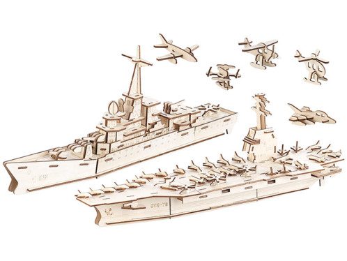 7 maquettes 3D en bois : porte-avions, navire de guerre et aéronefs