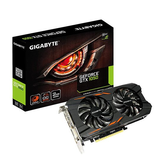 Gigabyte GeForce GTX 1050 Windforce OC – 2 Go GeForce GTX 1050, 1392 MHz (1417 MHz OC Mode), PCI-Express 16x, 2 Go, 7008 MHz