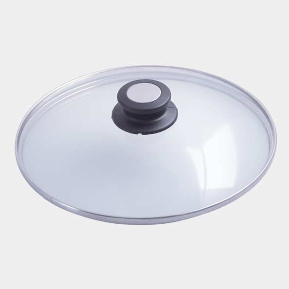 Couvercle en verre cerclé inox CHOC EXTREME / APPETY avec bouton bakélite/inox