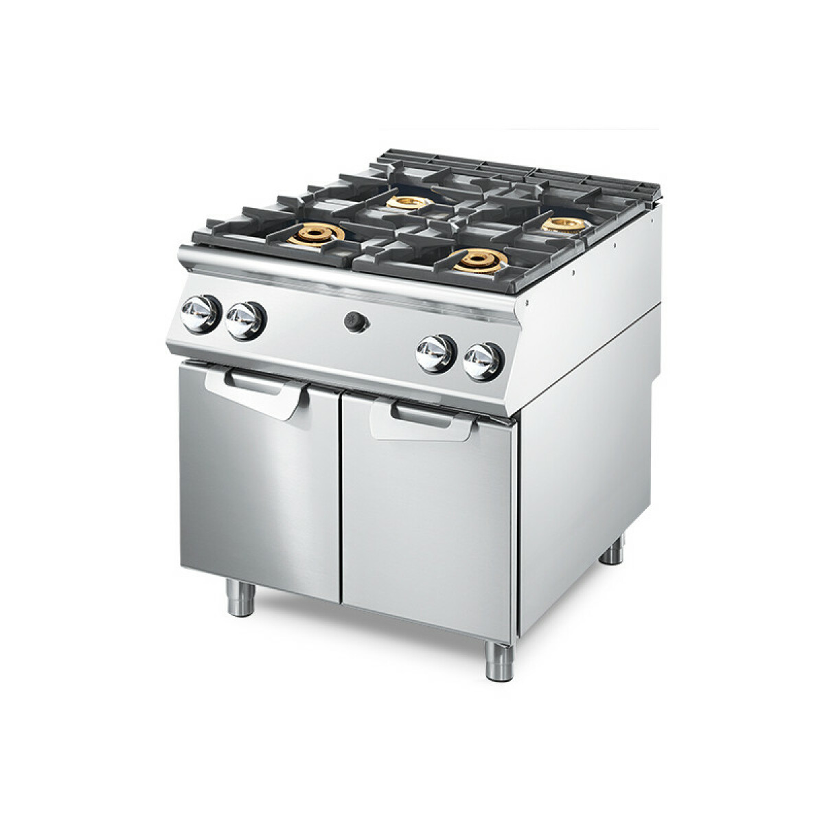 Cuisinière à Gaz à 4 Brûleurs sur Soubassement avec Portes, Plateau de Travail Emboutie – Virtus