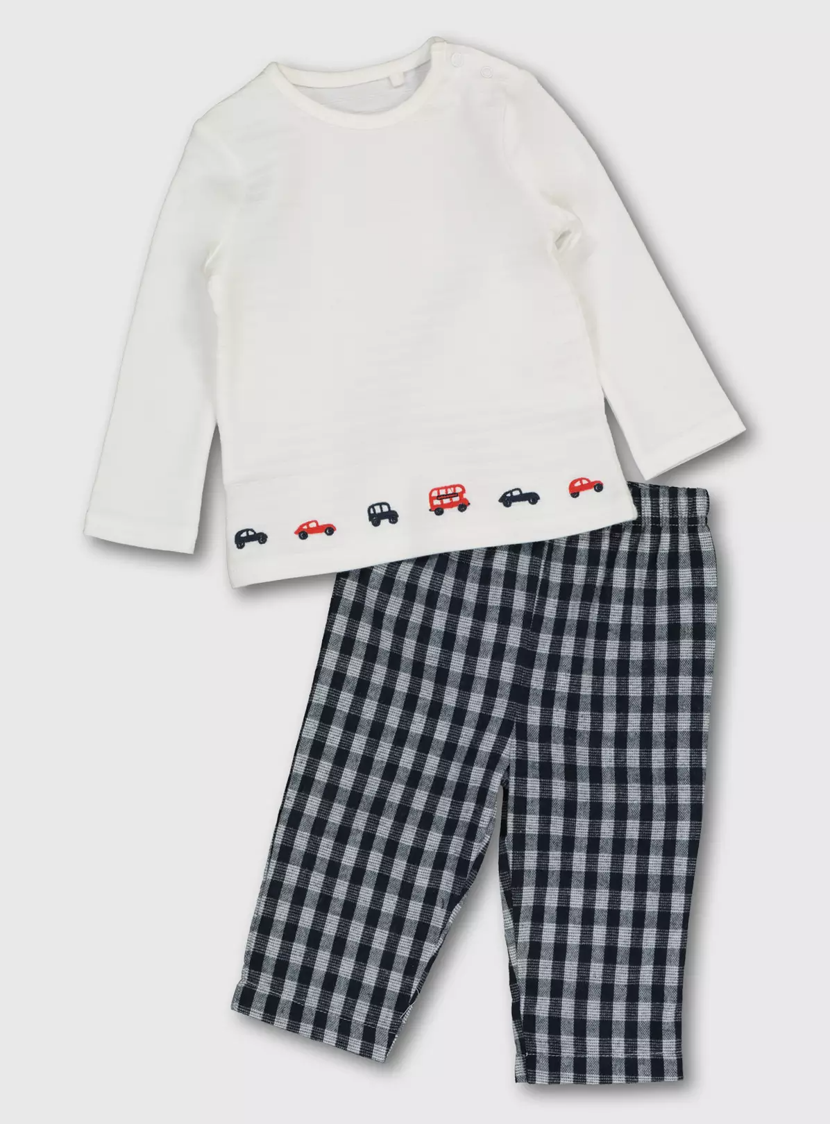 White Car Embroidery Top & Navy Check Trousers – 9-12 months