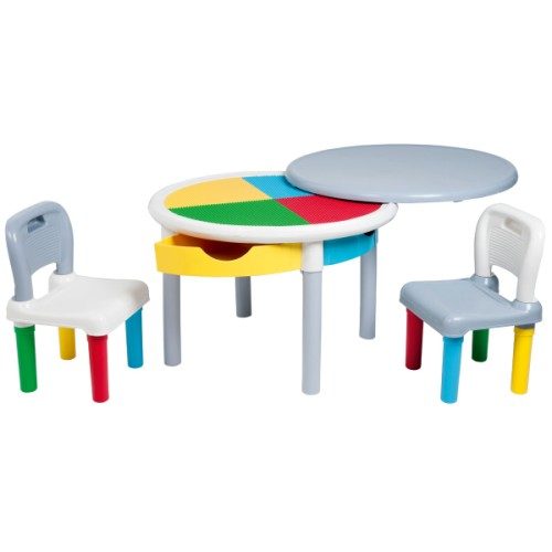 Table de construction multicolore et ses deux chaises
