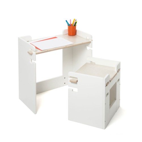 Petit bureau et tabouret évolutifs bois/blanc