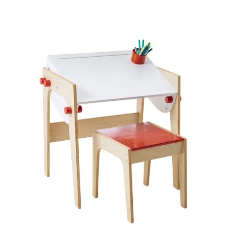 Bureau architecte naturel blanc et son tabouret rouge