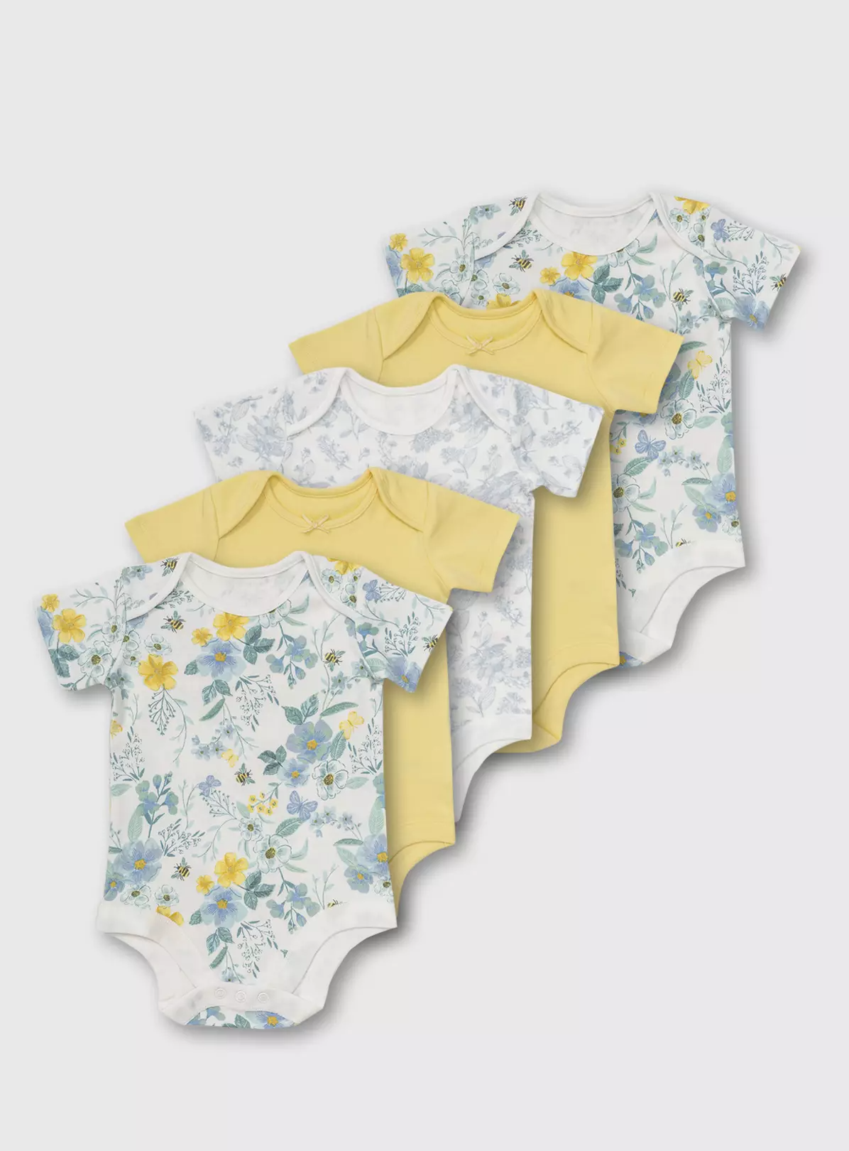 Lemon & White Floral Print Bodysuits 5 Pack – Newborn