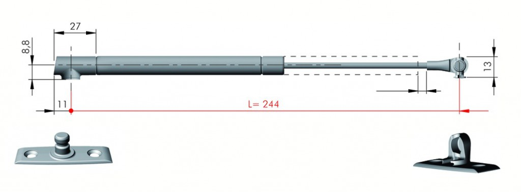 VERIN P/ABATTANT K12 LG 244 MM AVEC FIXATIONS FACADE/CAISSON