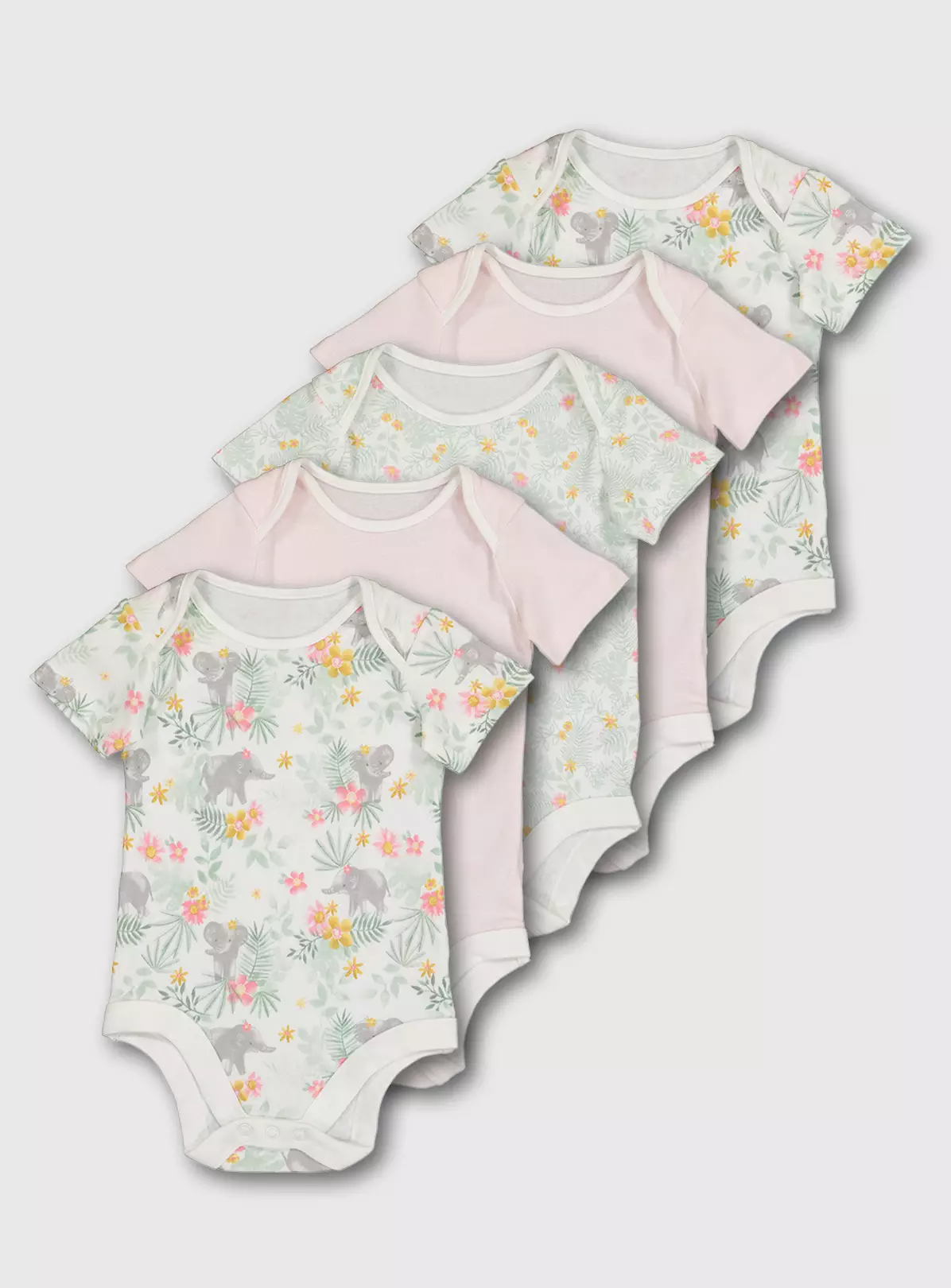 Pastel Tropical Elephant Print Bodysuits 5 Pack – 3-6 months