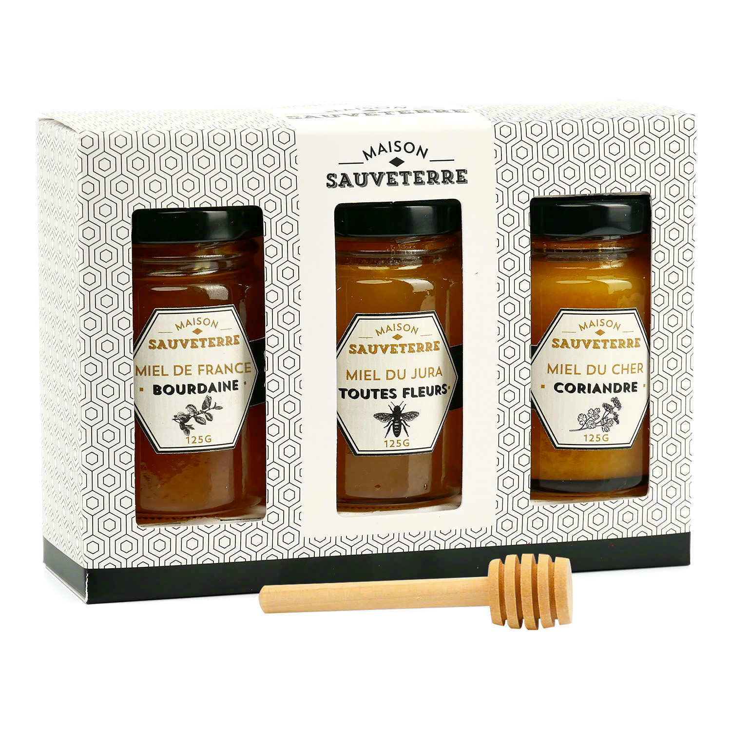 Coffret cadeau 3 miels de France et cuillère à miel