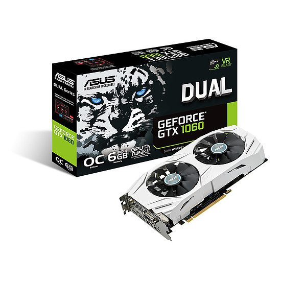 Asus GeForce GTX 1060 Dual OC – 6 Go GeForce GTX 1060, 1569 MHz (1594 MHz en mode OC), PCI-Express 16x, 6 Go, 8008 MHz