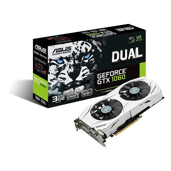 Asus GeForce GTX 1060 Dual – 3 Go GeForce GTX 1060, 1506 MHz, PCI-Express 16x, 3 Go, 8008 MHz