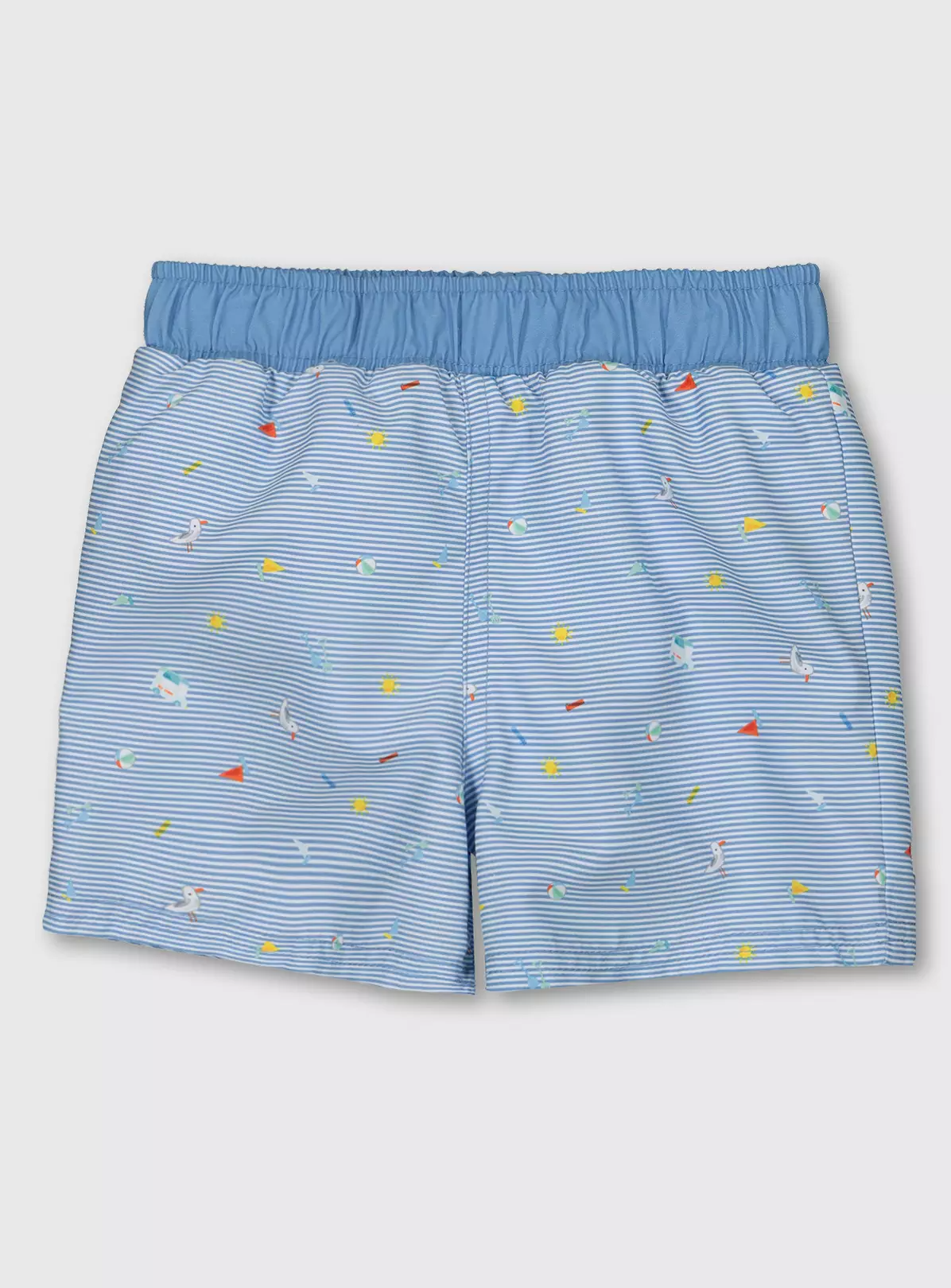 Blue & White Stripe Seaside Print Swim Shorts – 6-9 months