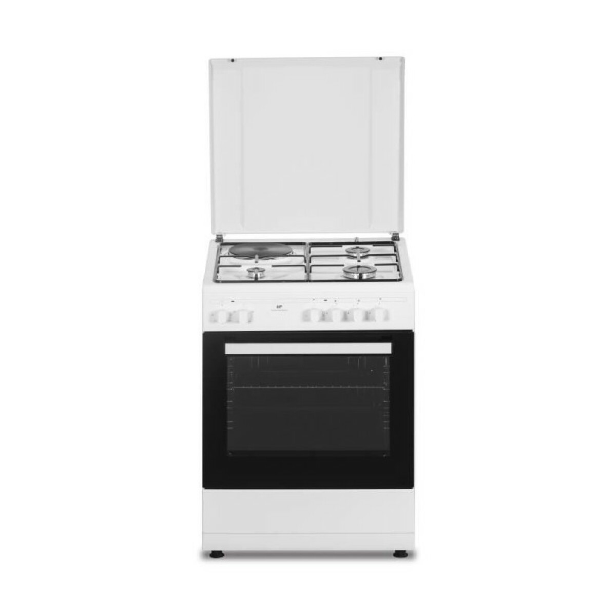 Cuisiniere mixte CONTINENTAL EDISON CECM60FCW – 3 feux gaz + 1 électrique – L59,8 x P61 xH83 cm – Blanc