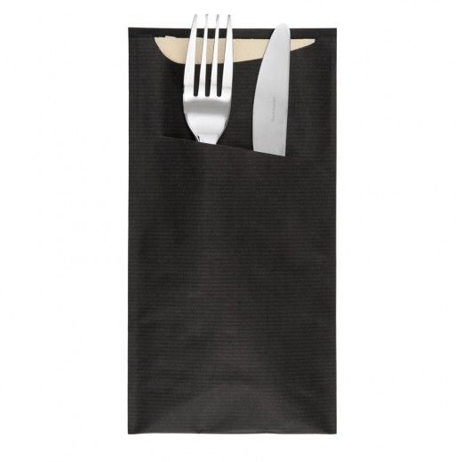 Pochette couverts kraft noir avec serviette crème par 250