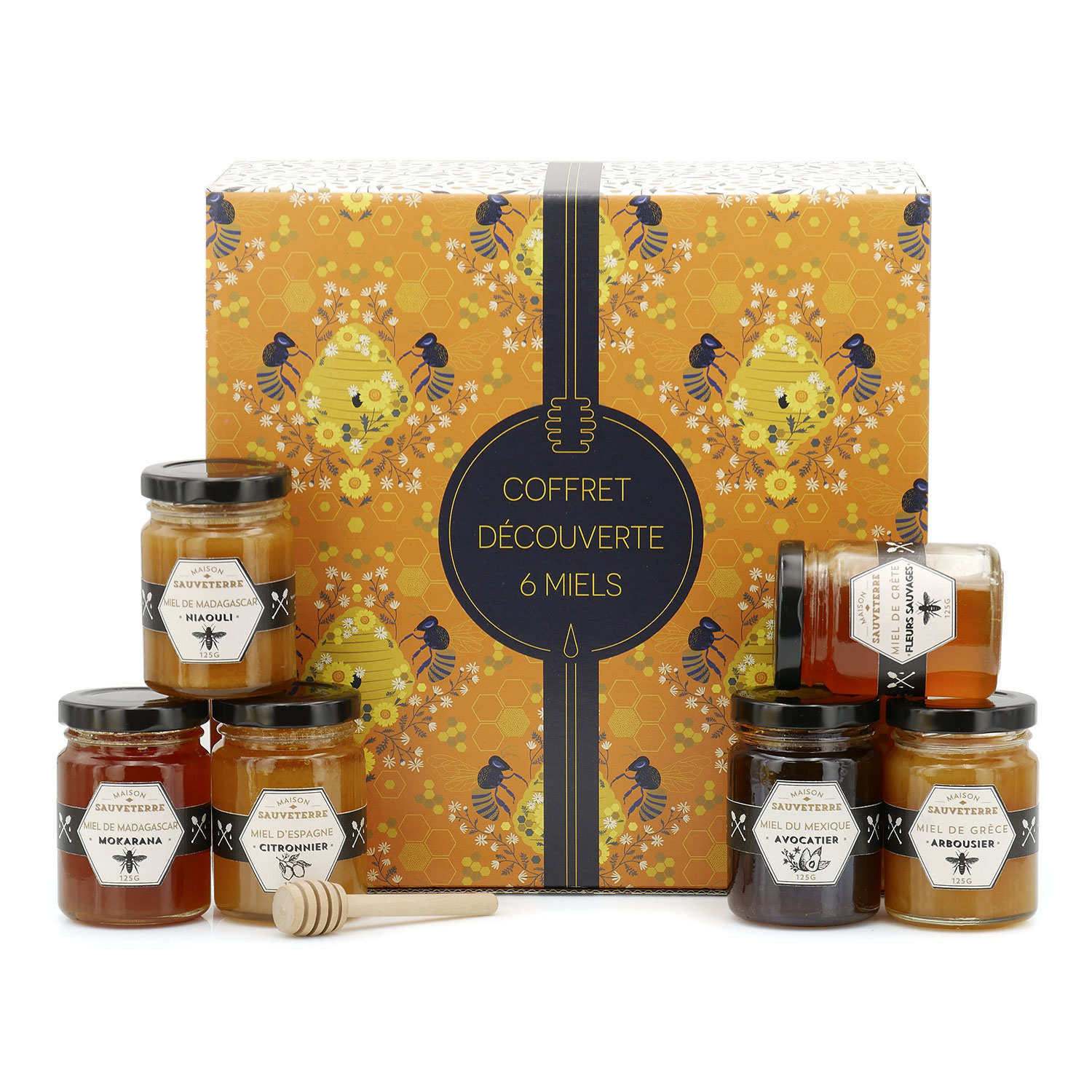 Assortiment de 6 miels du monde et 1 cuillère à miel