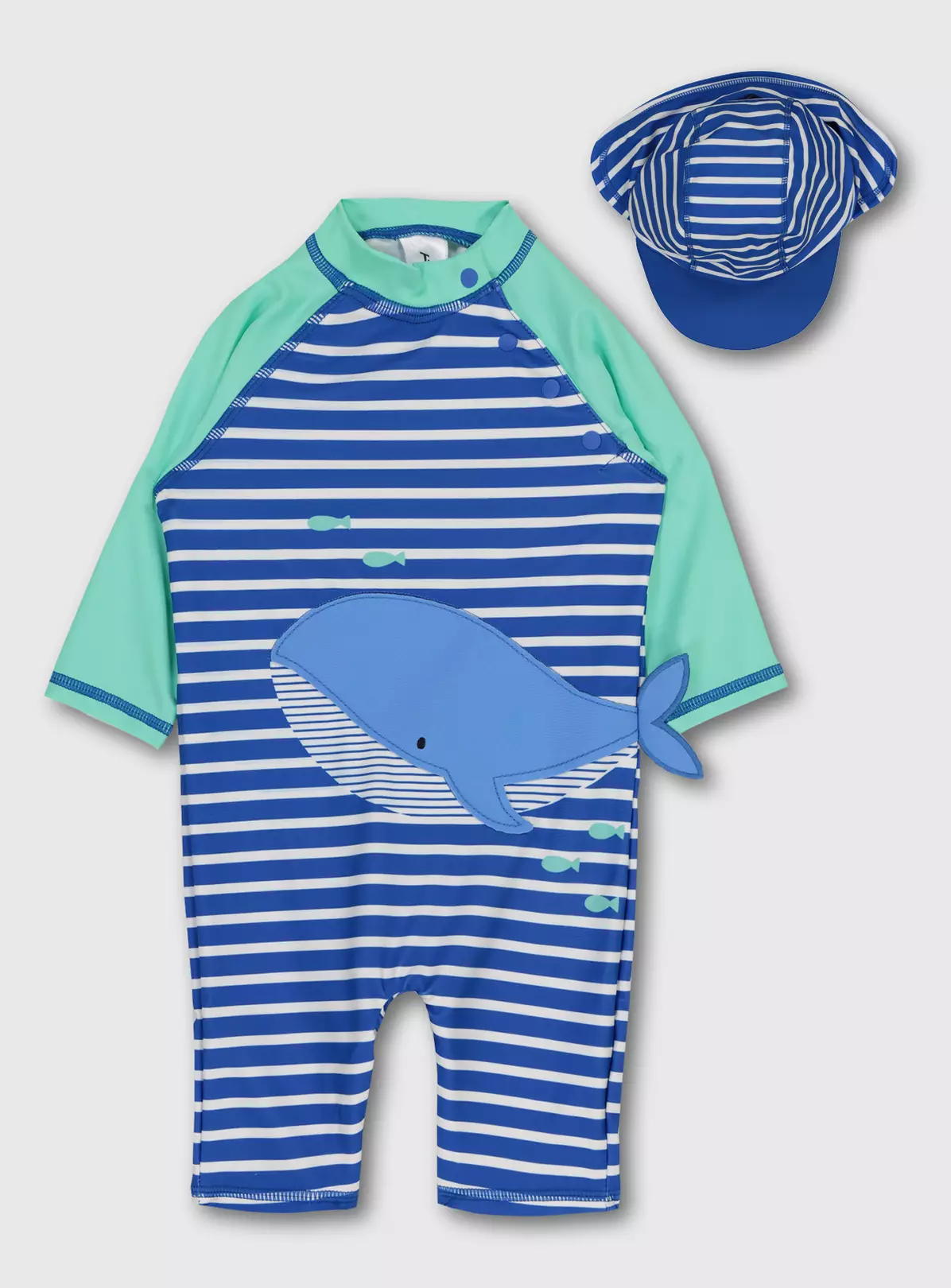 Blue Whale Stripe Sunsafe Swimsuit & Hat – Up to 3 mths