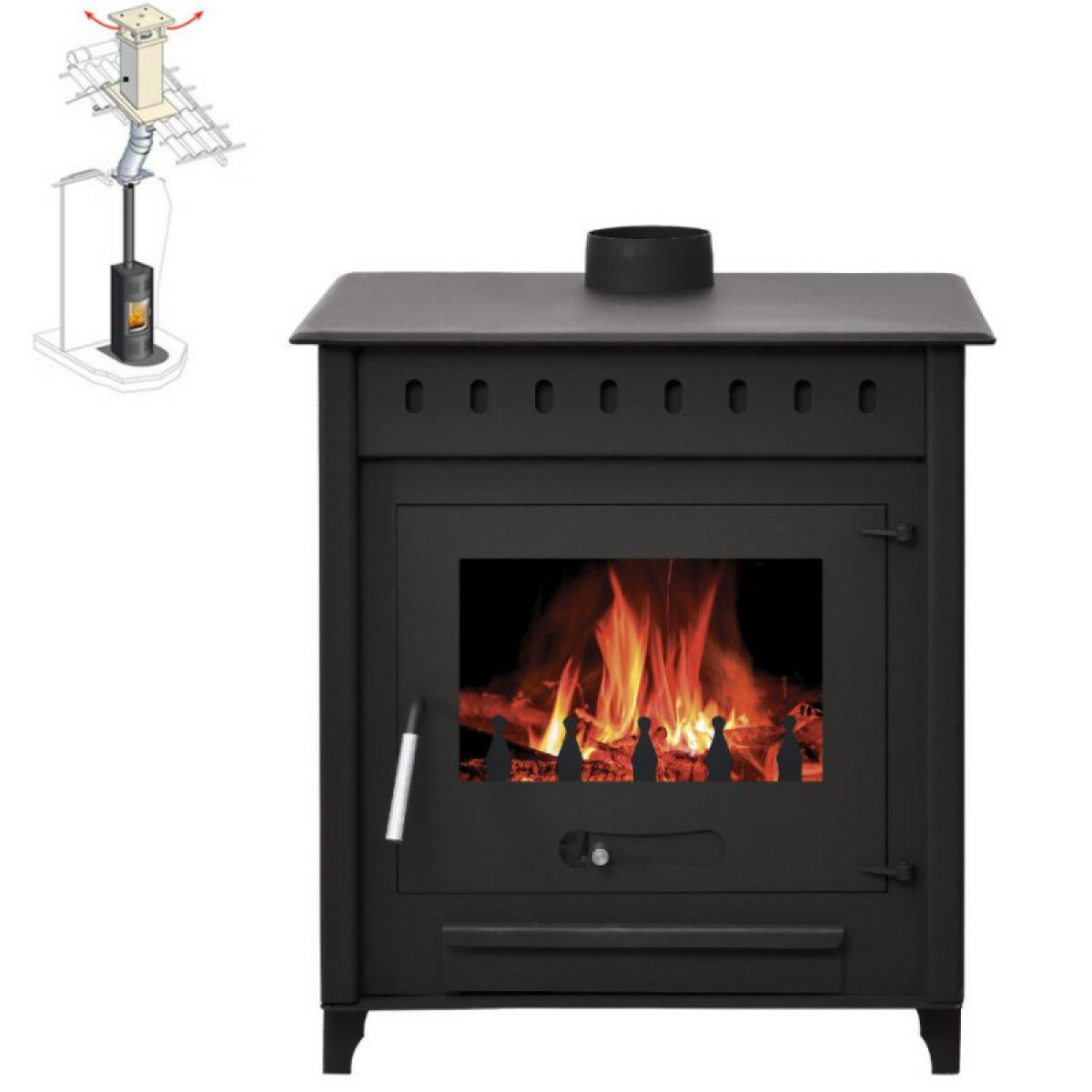 Pack Poêle à bois ALESSIA 14KW bûches 55cm + Kit Conduit 150 – Noir