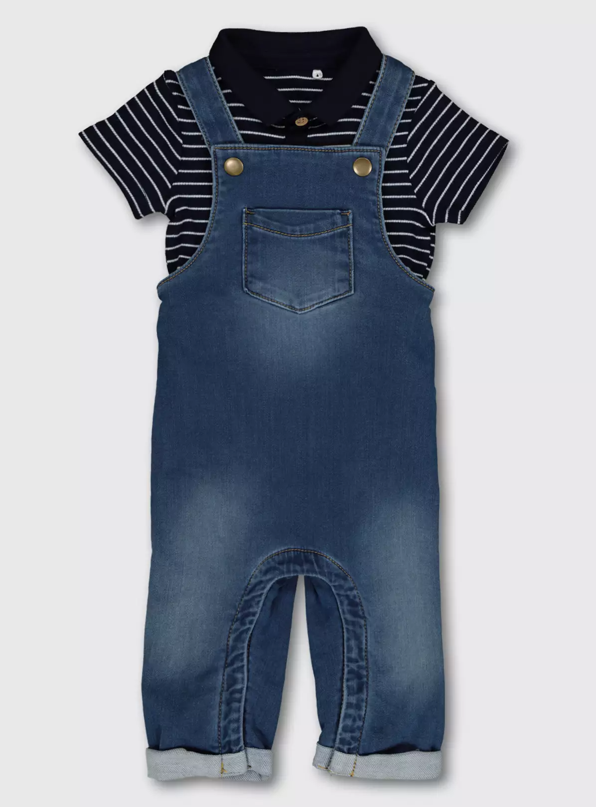 Denim Dungarees & Striped Polo Bodysuit – 9-12 months