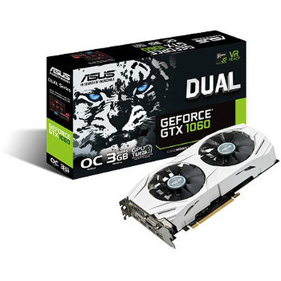 Asus GeForce GTX 1060 Dual OC – 3 Go GeForce GTX 1060, 1569 MHz (1594 MHz en mode OC), PCI-Express 16x, 3 Go, 8008 MHz