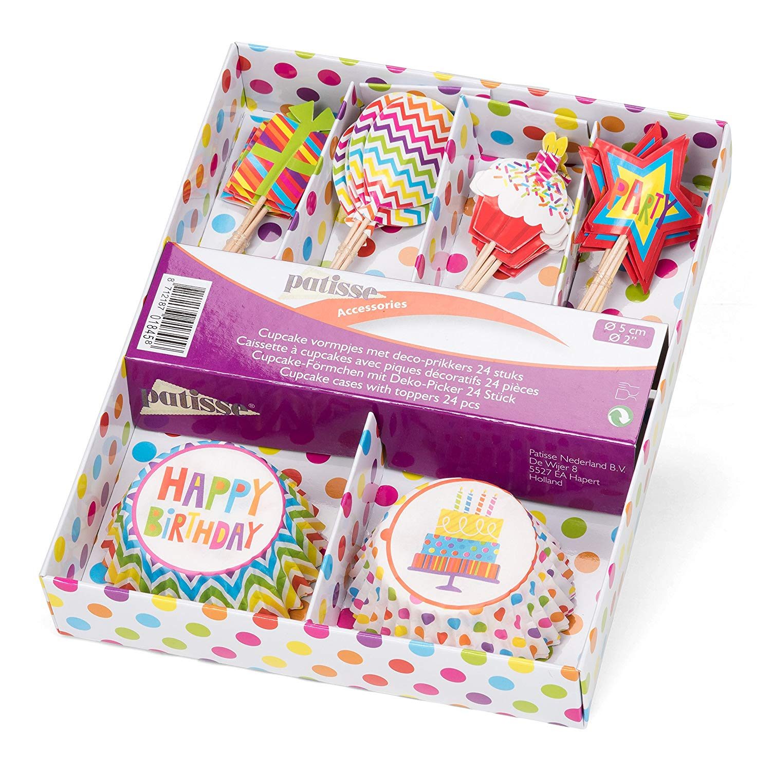 Caissette papier à cupcake avec piques Happy Birthday par 24