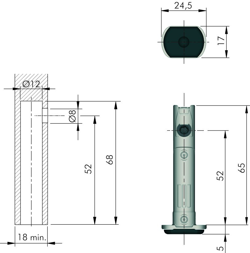 VERIN ENCASTRE REGLABLE LG 52/D12 CHARGE 150 KG/REGLAGE + 12 MM