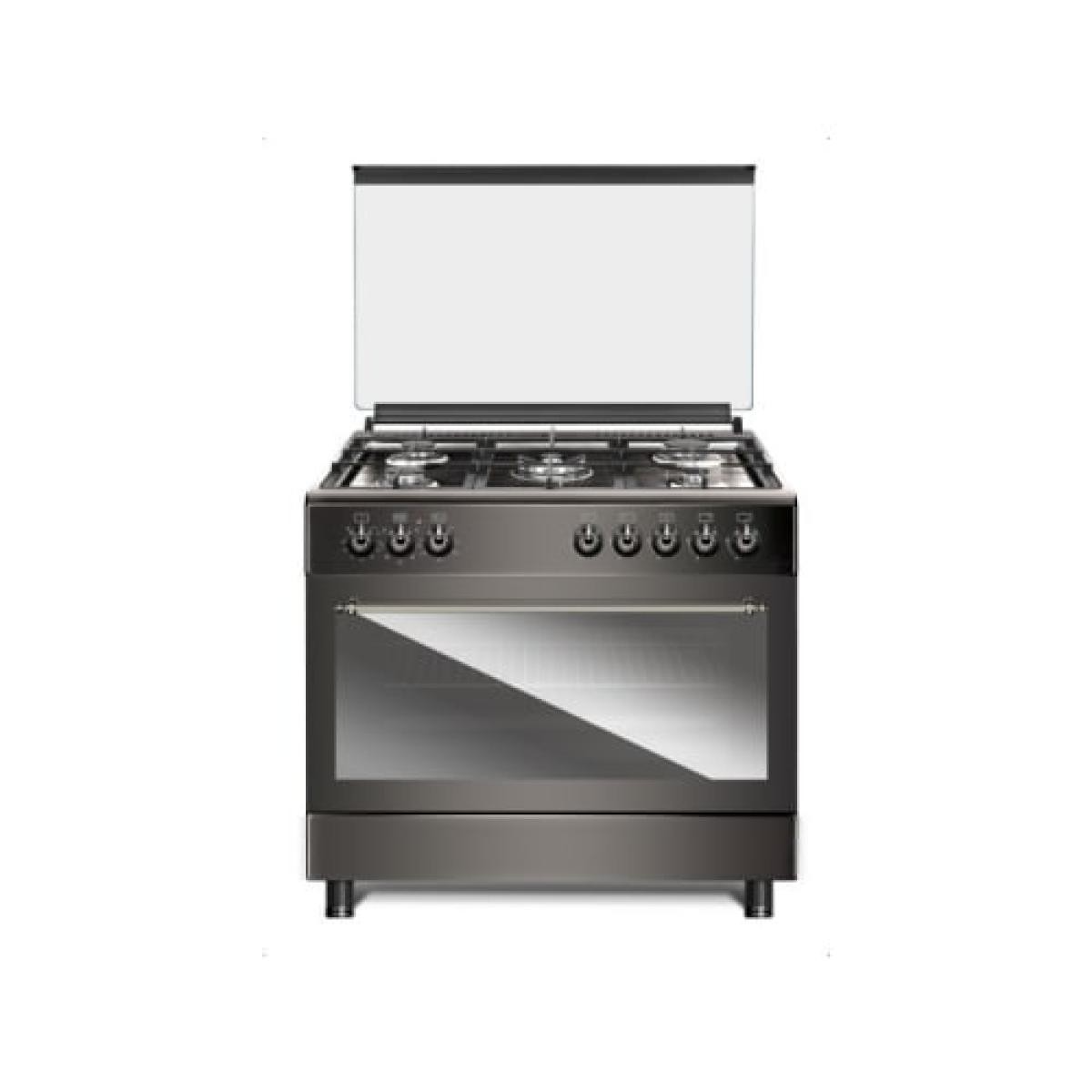 AMCG90BM Cuisinière et Piano de Cuisson 110L 5 Foyers Gaz Électrique Pose Libre Pieds Réglables Couvercle Verre Noir