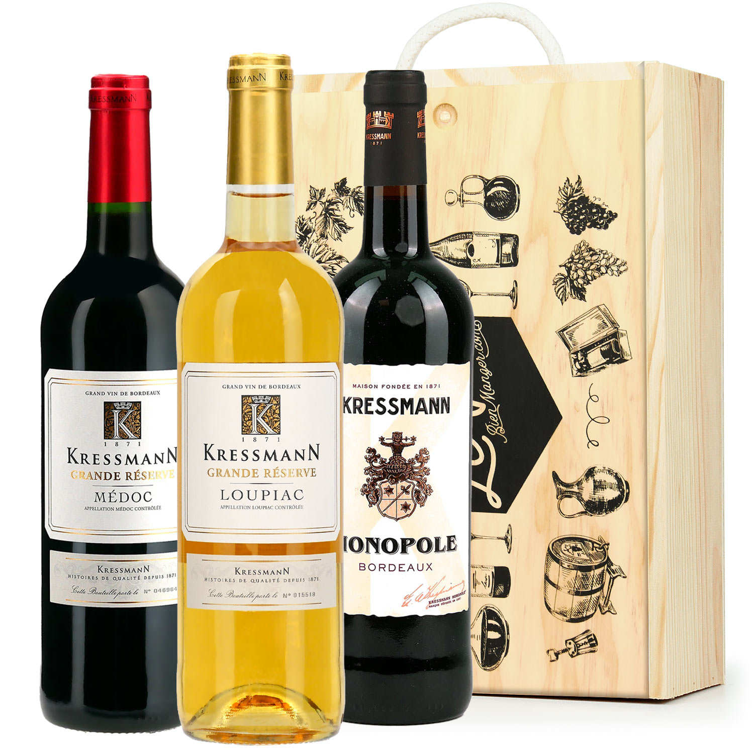 Coffret bois 3 vins de Bordeaux (2 rouges, 1 moelleux)