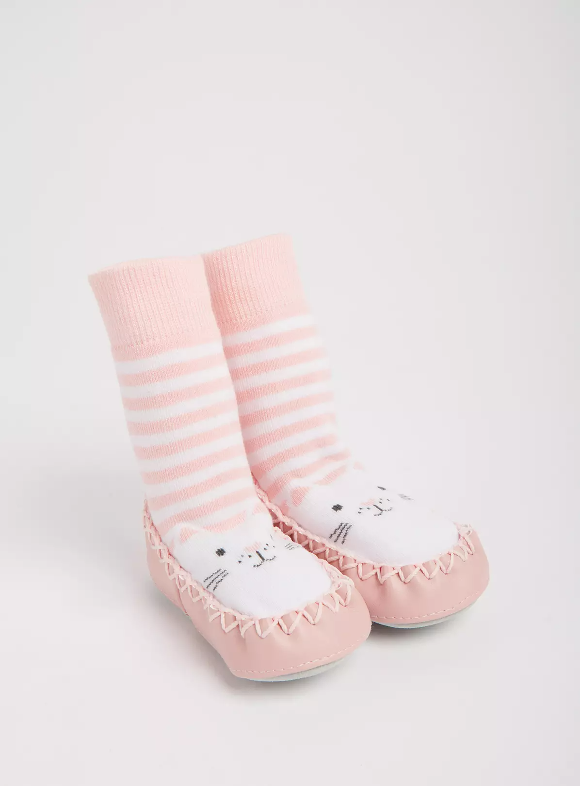Pink Striped Cat Moccasin Slipper Socks – 6-9 months