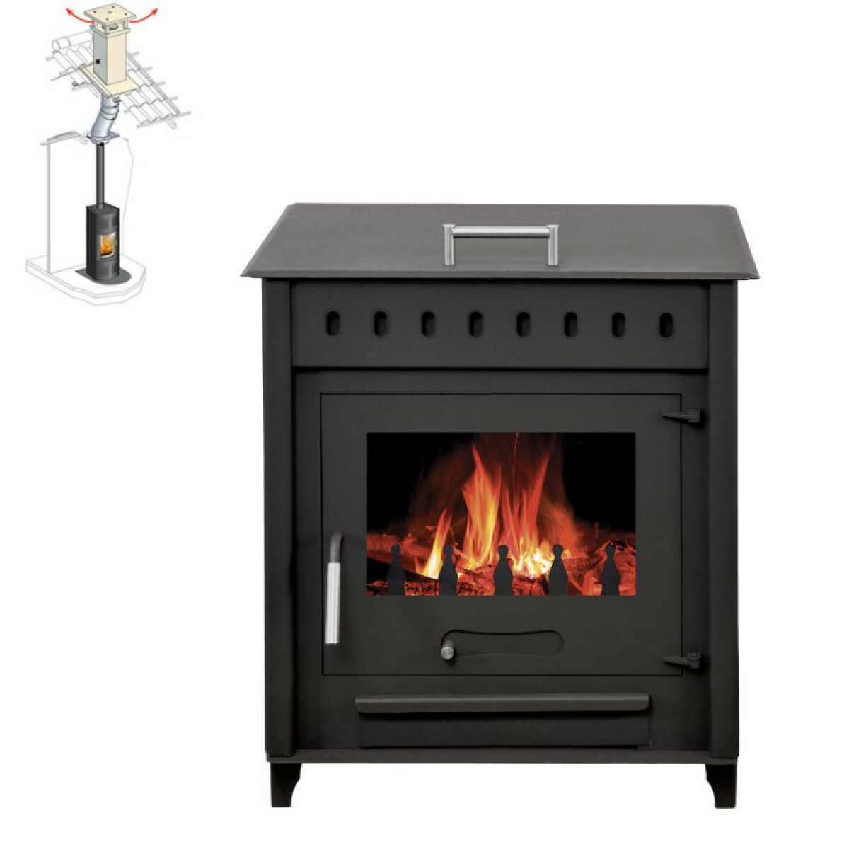 Pack Poêle à bois avec four JUAN bûches 55cm + Kit Conduit 150 – Noir