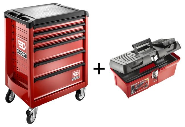 Servante d’atelier rouge / noir bimatière FACOM, 6 tiroirs + caisse à outils