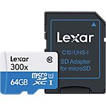 Carte mémoire Micro SD Lexar CL10 300x + Adaptateur 64 GB Noir