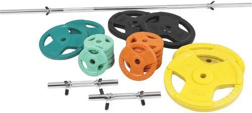 GORILLA SPORTS Set en caoutchouc grip avec barre longue de 170cm et deux barres courtes de 35cm avec stop disques (97,5kg total)