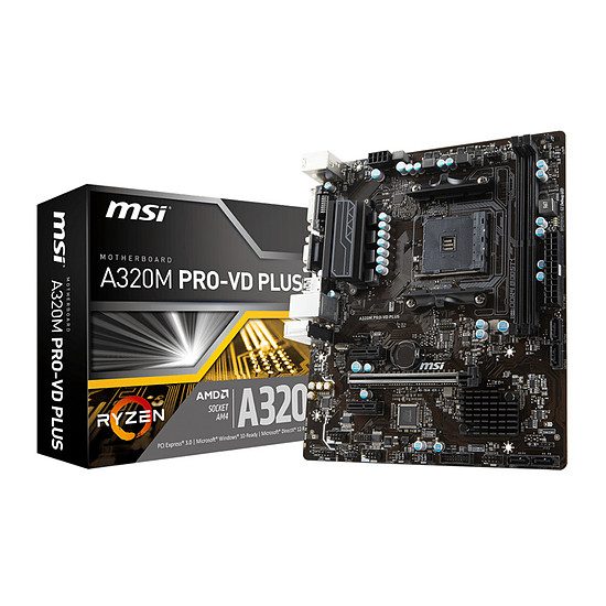 MSI A320M PRO-VD PLUS Jeu, Socket AM4, AMD A320, 1 port PCI-Express 16x, 3200 MHz (DDR4), SATA Revision 3.0 (6 Gb/s),