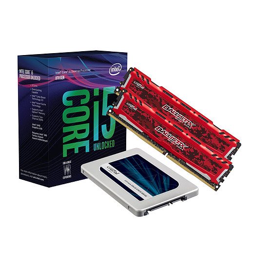 Intel Core i5 8600K + SSD MX500 – 250 Go + Ballistix Sport LT RED DDR4 2 x 8 Go 2666 MHz CAS 16 DR 6 coeurs, 3,60 GHz, 9 Mo, Coffee Lake, 95 Watts