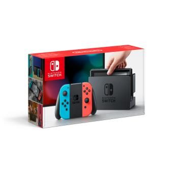 Console Nintendo Switch noire avec manettes Joy-Con droite rouge néon et Joy-Con gauche bleue néon