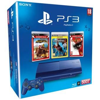 Console PS3 Bleue Ultra Slim 500 Go Sony + MotorStorm Pacific Rift Essentials + Uncharted 2 Platinum + God of War 3 Essentials – Console Playstation 3 bleue Ultra slim Sony