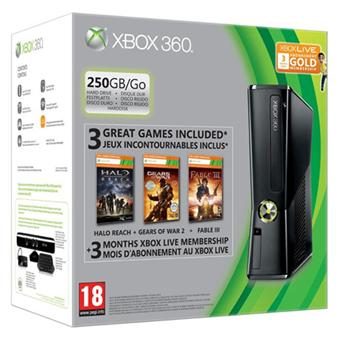Console Xbox 360 250 Go Microsoft + Halo Reach + Gears of War 2 + Fable 3 + 3 mois d’abonnement gratuit au Xbox Live Gold
