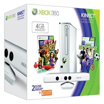 Console Xbox 360 4 Go Microsoft + capteur Kinect blanc + Kinect Sports + Kinect Adventures ! + 3 mois d’abonnement gratuit au Xbox Live Gold