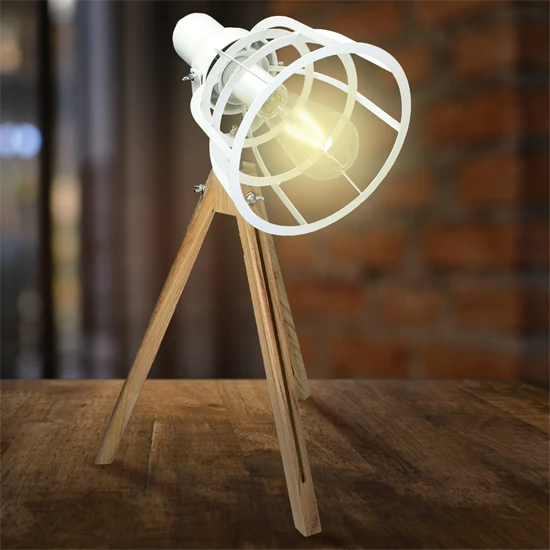 Lampe de table E27 + 1x lampe LED 4W métal blanc/pieds en bois